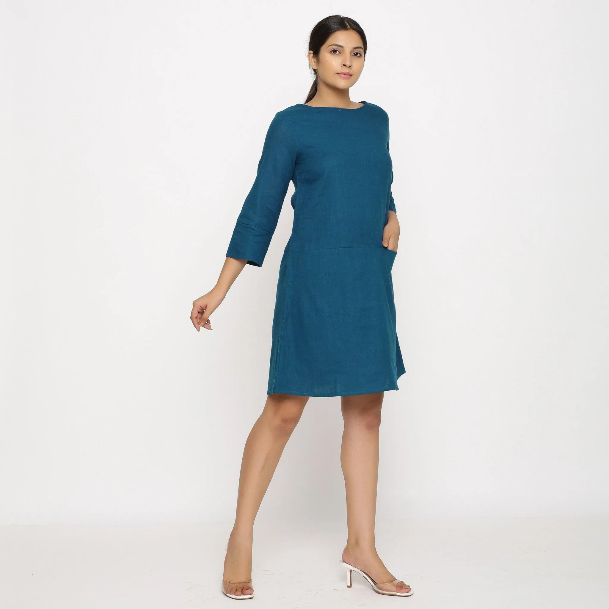 Teal Blue Cotton Round Neck Short Tunic Dress