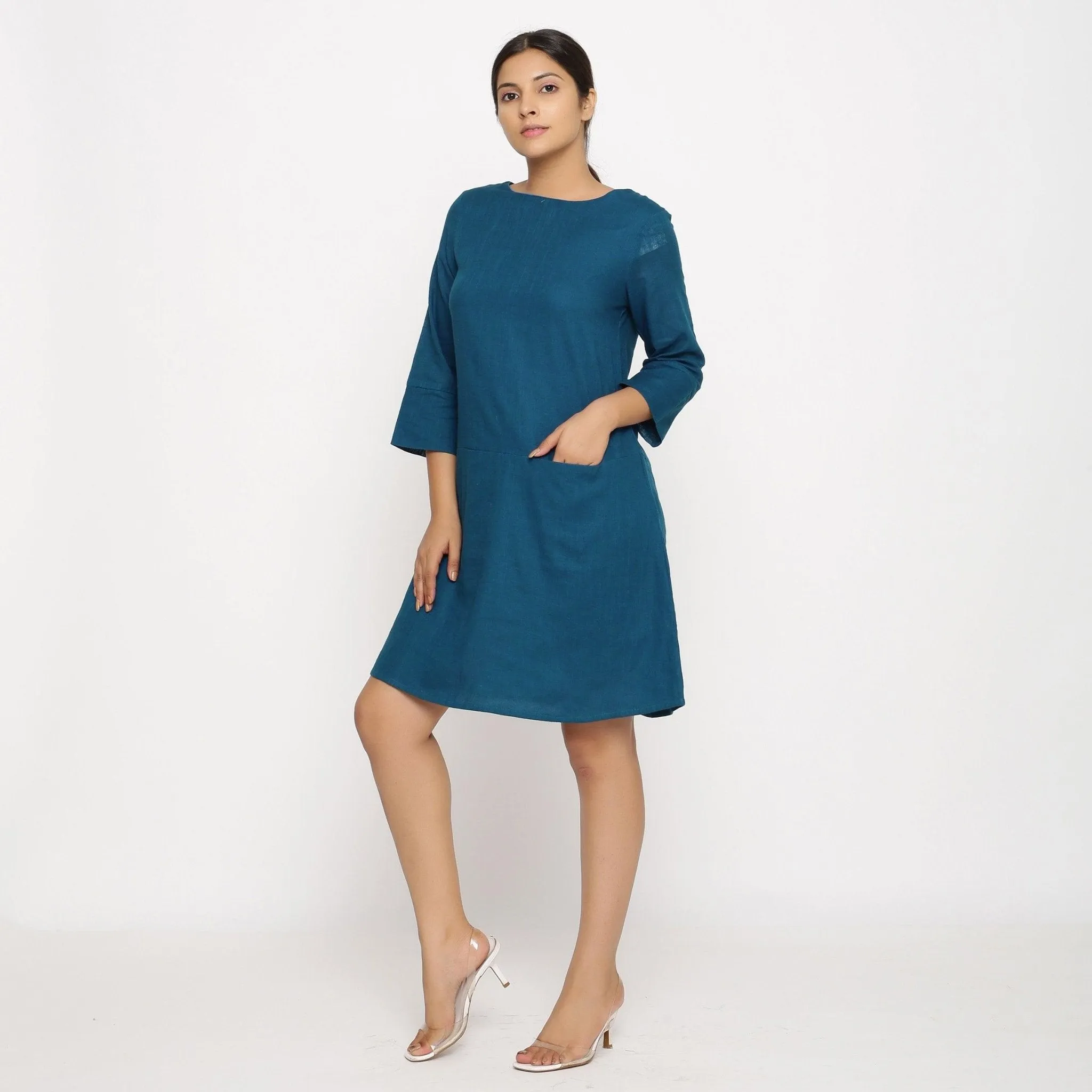 Teal Blue Cotton Round Neck Short Tunic Dress