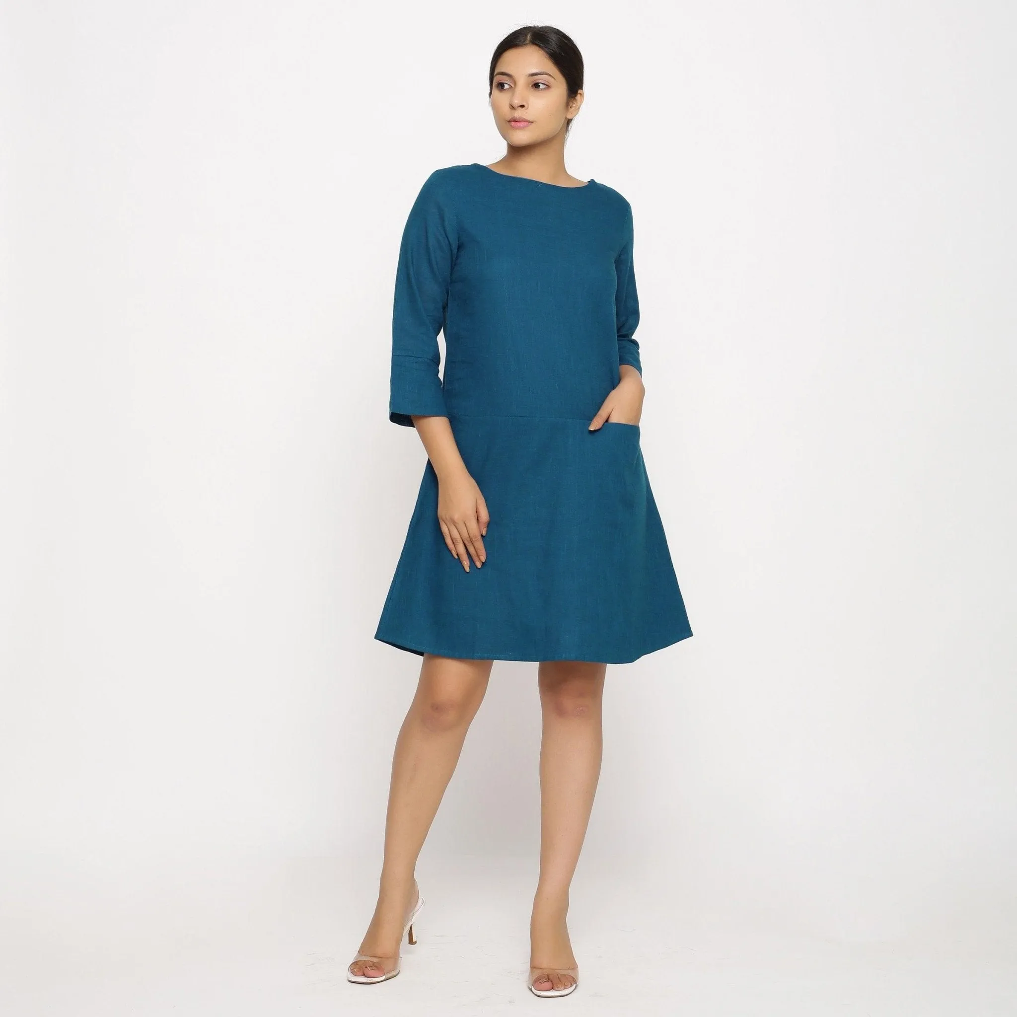 Teal Blue Cotton Round Neck Short Tunic Dress