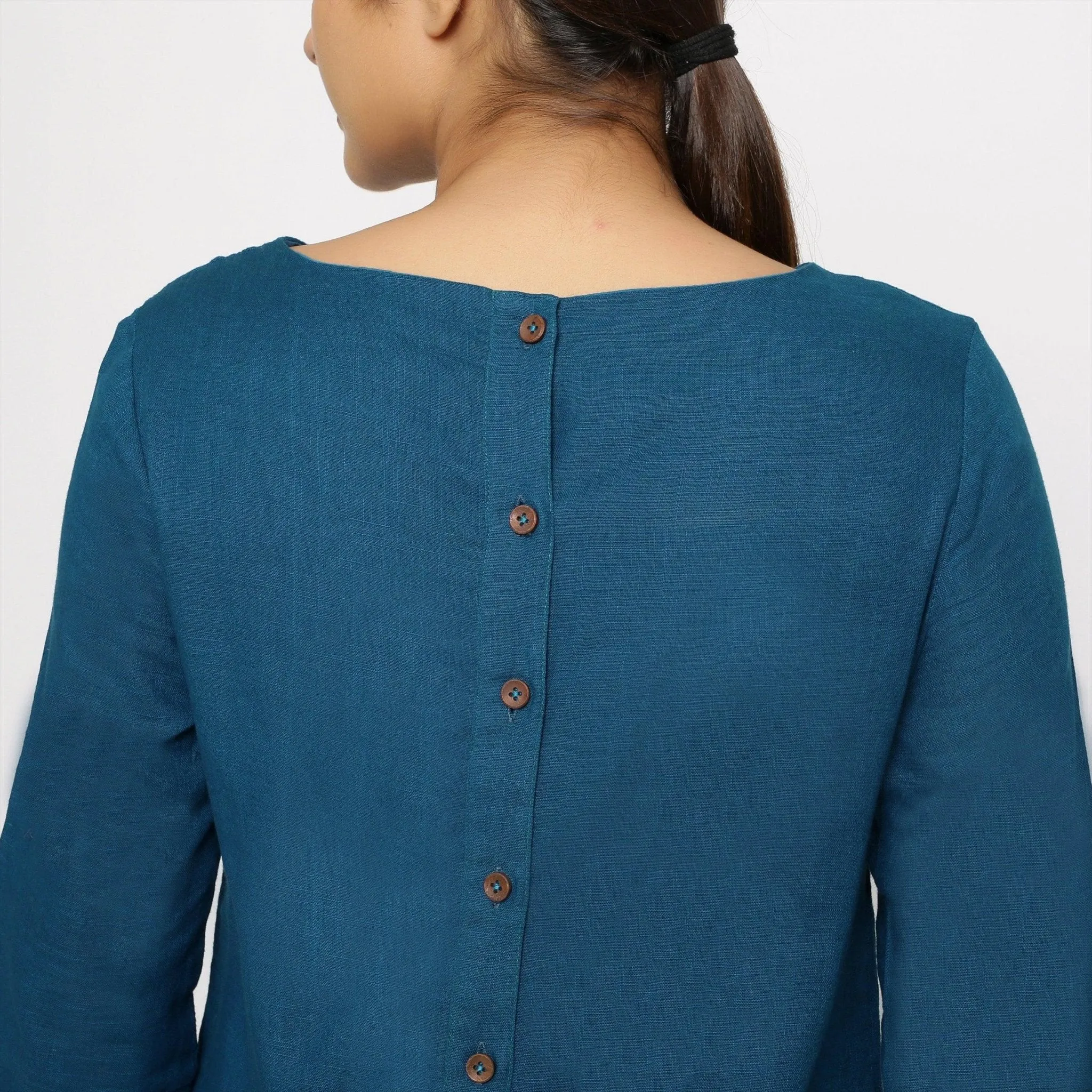 Teal Blue Cotton Round Neck Short Tunic Dress