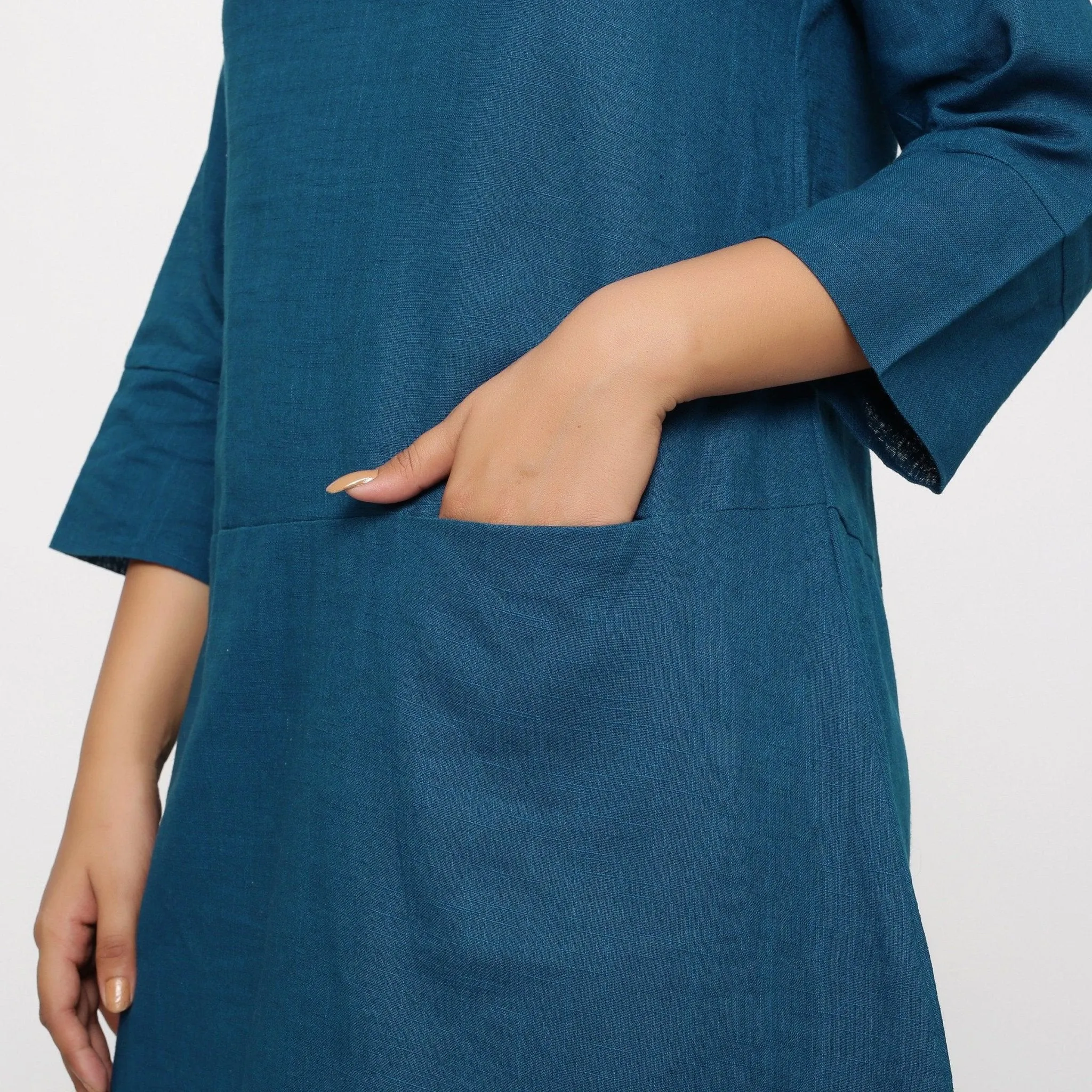 Teal Blue Cotton Round Neck Short Tunic Dress