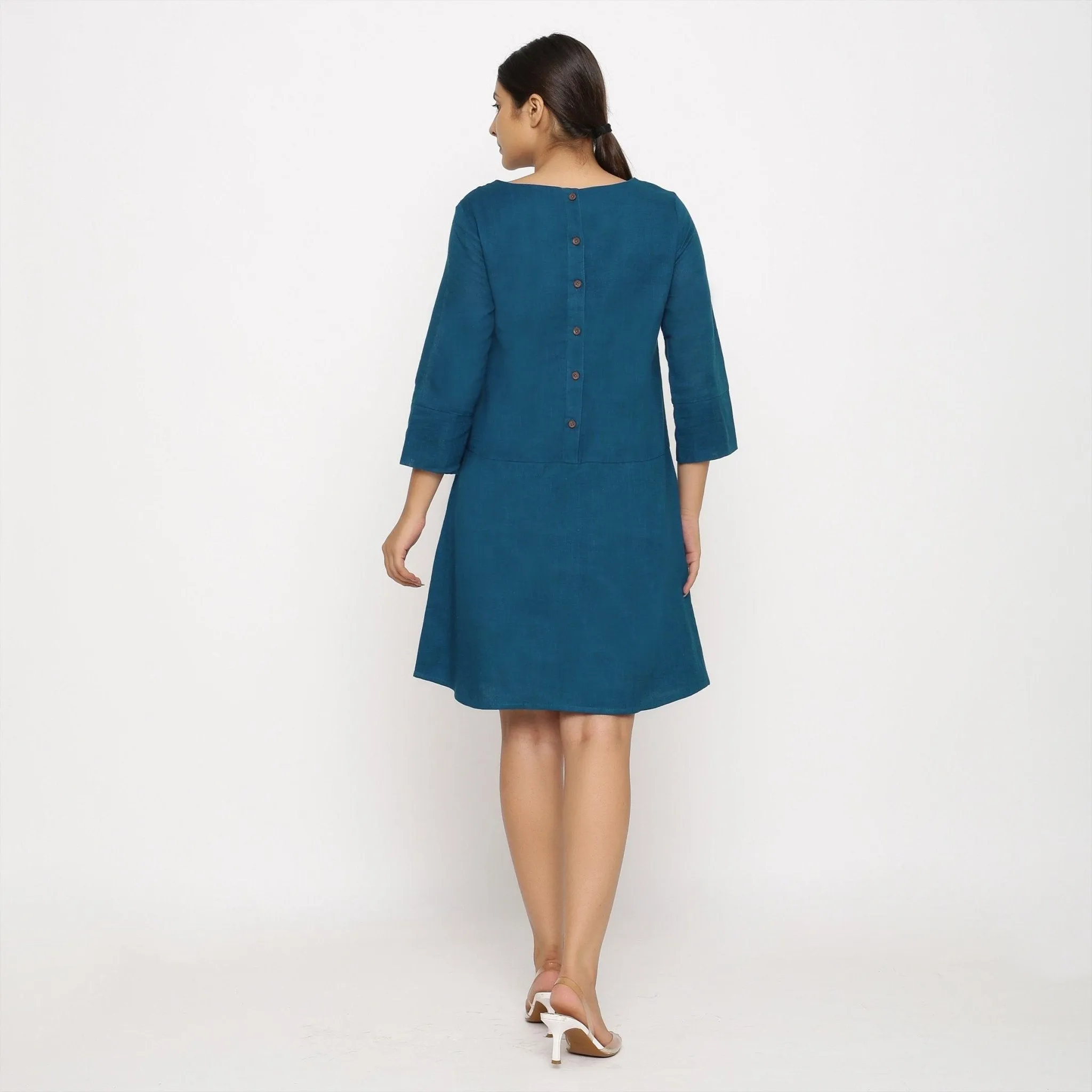Teal Blue Cotton Round Neck Short Tunic Dress
